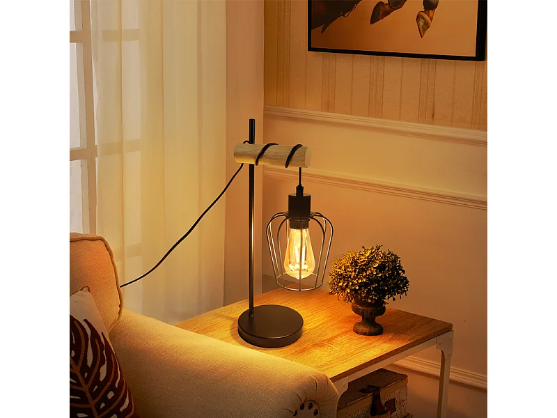 Lampe de table NETTLIFE salon lampe de table en bois vintage : lampe de chevet noire 1 lumière au design industriel en métal douille E27 sans ampoule