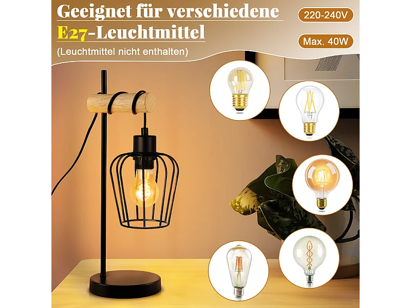 NETTLIFE lampa stołowa do salonu, vintage, drewniana lampa stołowa: czarna lampka nocna, 1 żarówka, industrialny design, metalowa, z gniazdem E27, bez żarówki