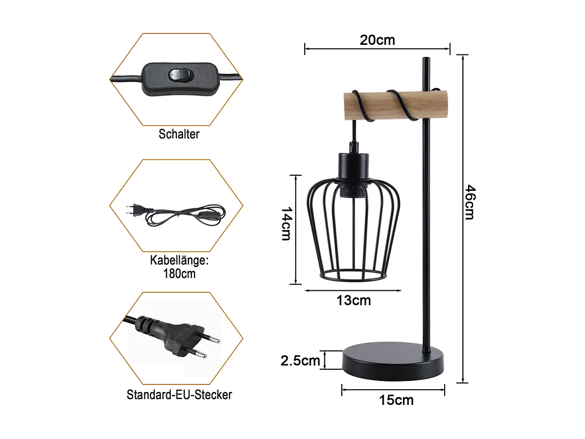 NETTLIFE lampa stołowa do salonu, vintage, drewniana lampa stołowa: czarna lampka nocna, 1 żarówka, industrialny design, metalowa, z gniazdem E27, bez żarówki