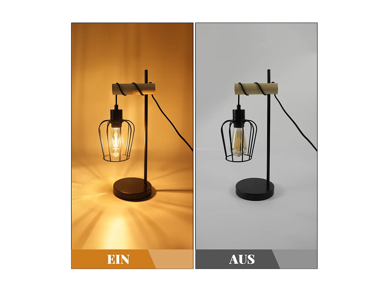 NETTLIFE lampa stołowa do salonu, vintage, drewniana lampa stołowa: czarna lampka nocna, 1 żarówka, industrialny design, metalowa, z gniazdem E27, bez żarówki