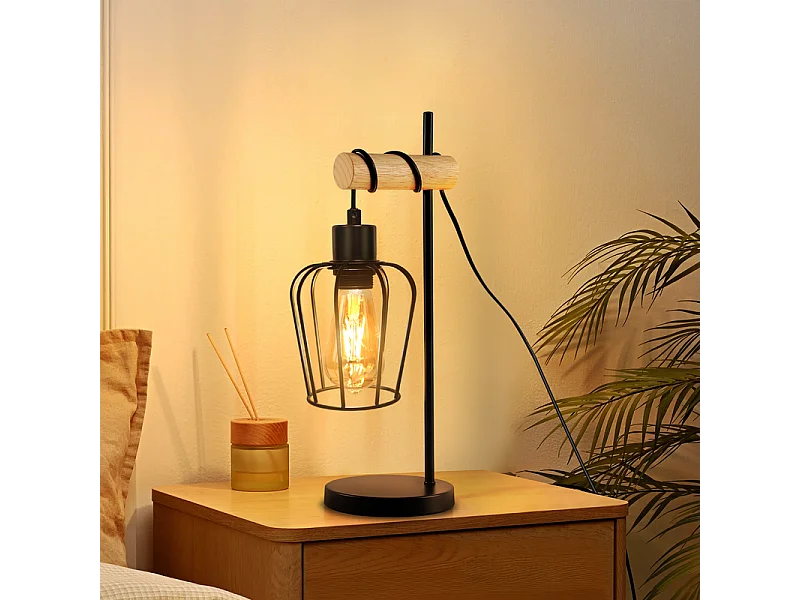 NETTLIFE lampa stołowa do salonu, vintage, drewniana lampa stołowa: czarna lampka nocna, 1 żarówka, industrialny design, metalowa, z gniazdem E27, bez żarówki