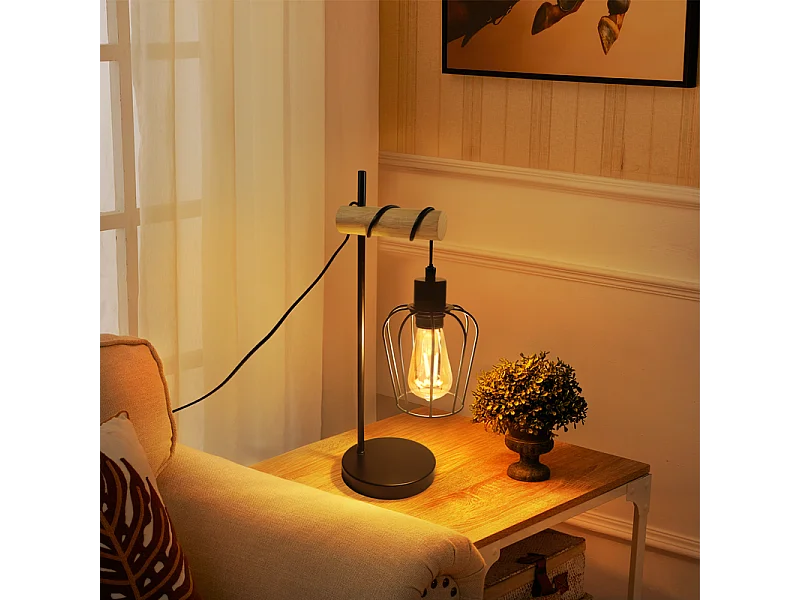 NETTLIFE lampa stołowa do salonu, vintage, drewniana lampa stołowa: czarna lampka nocna, 1 żarówka, industrialny design, metalowa, z gniazdem E27, bez żarówki