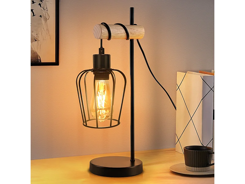 Lampe de table NETTLIFE salon lampe de table en bois vintage : lampe de chevet noire 1 lumière au design industriel en métal douille E27 sans ampoule