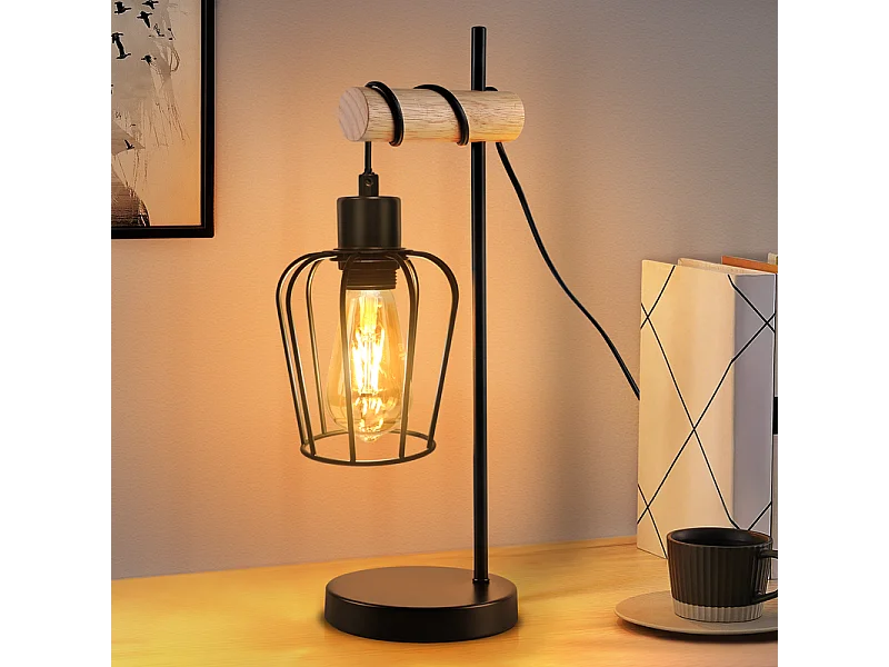 Lampe de table NETTLIFE salon lampe de table en bois vintage : lampe de chevet noire 1 lumière au design industriel en métal douille E27 sans ampoule