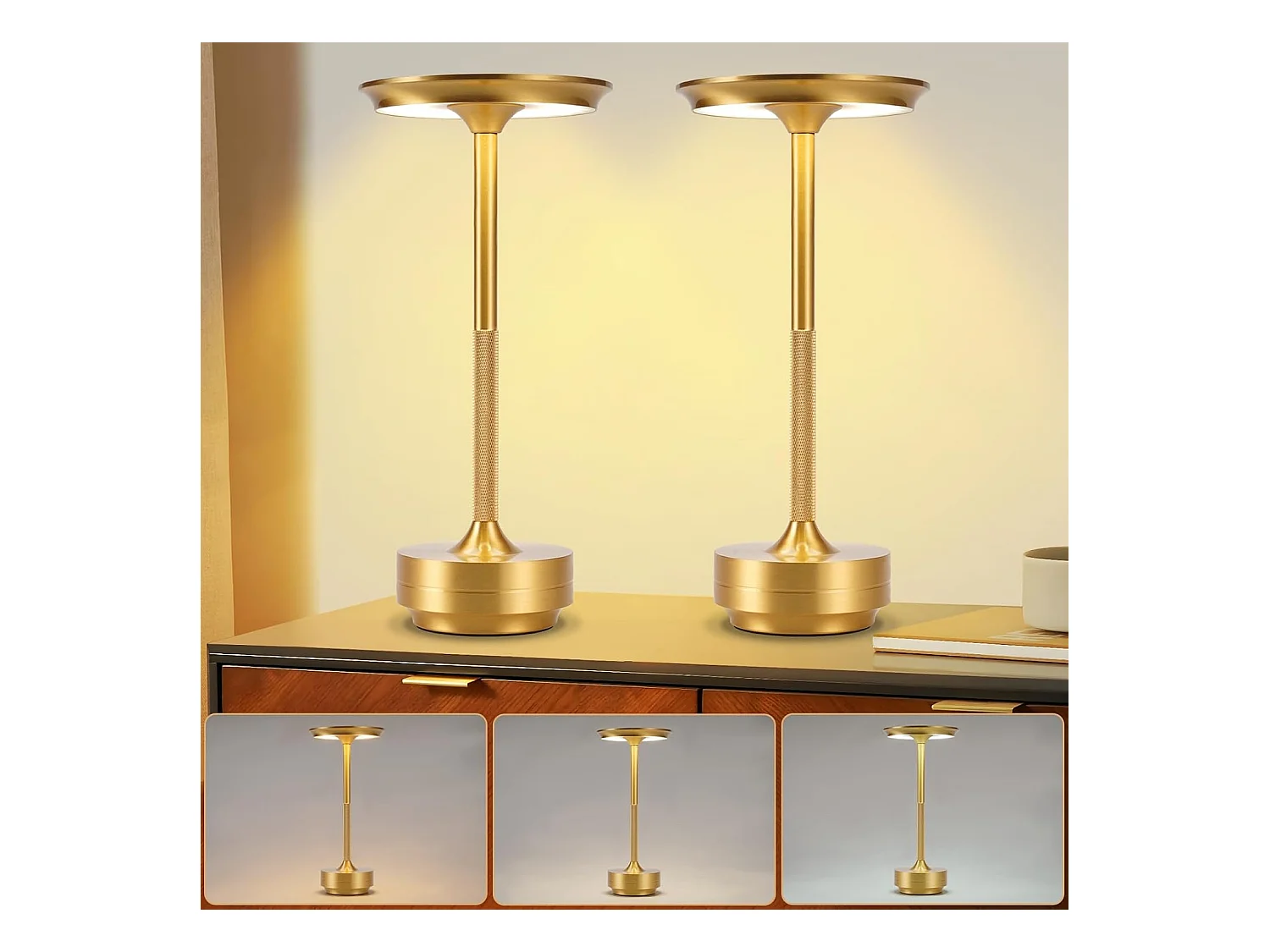 Lampe de chevet sans fil Nettlife à piles – Lampe de table LED tactile à intensité variable, lot de 2 avec batterie rechargeable USB