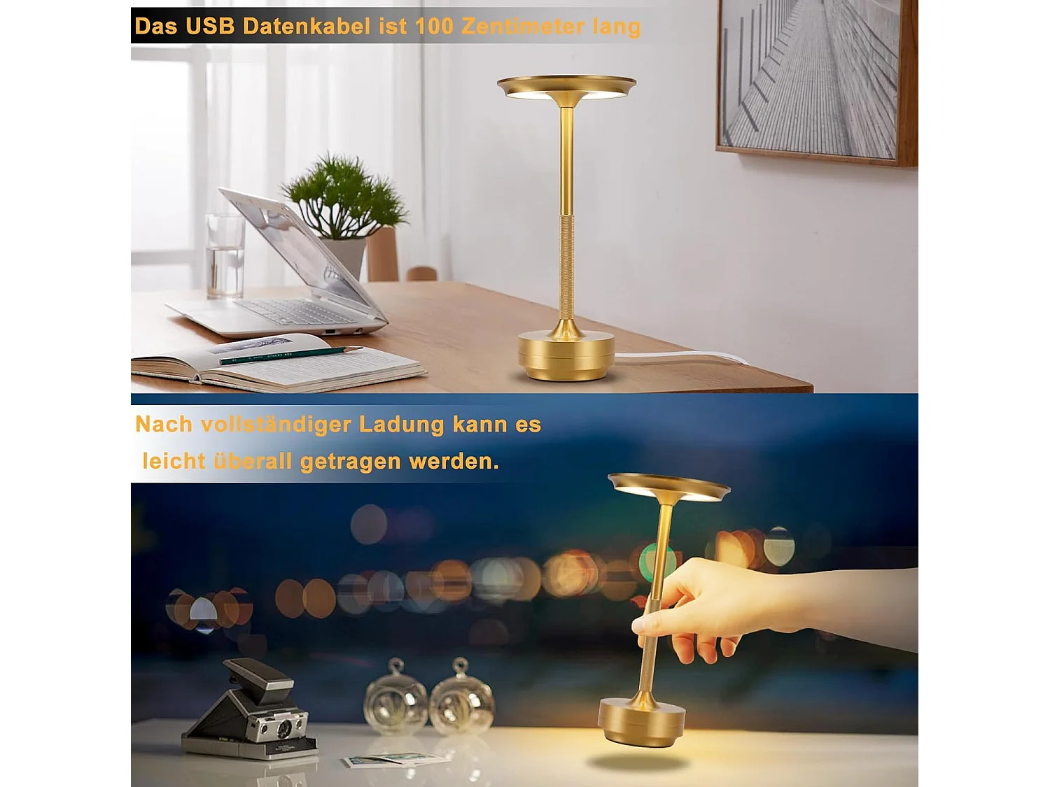 Nettlife Bezprzewodowa lampka nocna zasilana bateryjnie – ściemnialna lampa stołowa LED z dotykowym podświetleniem, zestaw 2 sztuk z akumulatorem USB