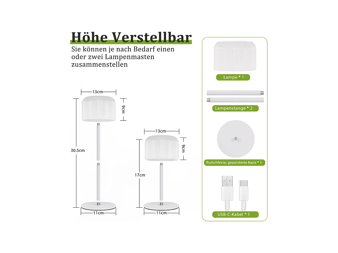 Lampe de table LED NETTLIFE sans fil, lampe de table à piles, intensité variable 3 000 K-6 500 K, rechargeable par USB-C, hauteur réglable, étanche