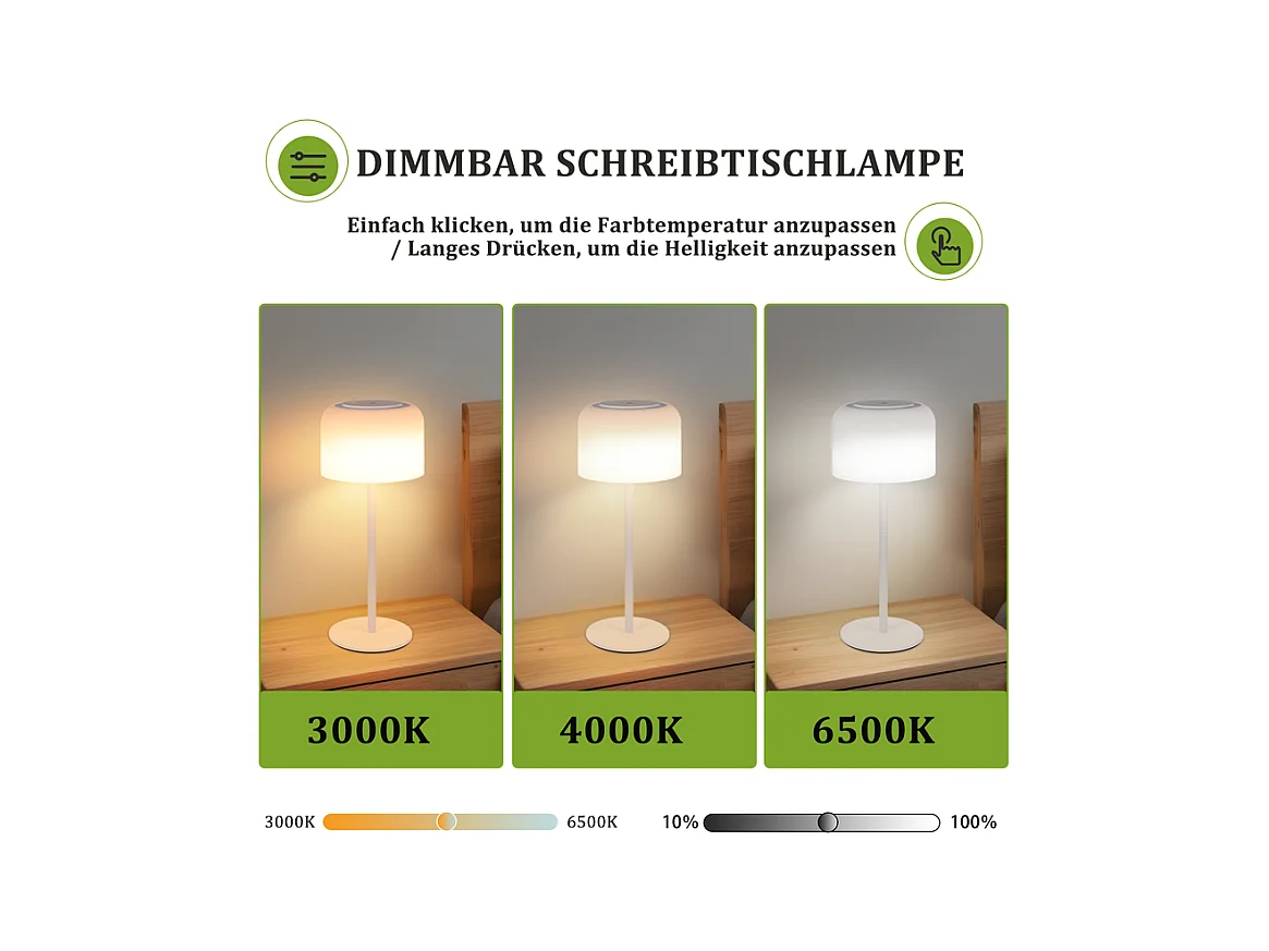 Lampe de table LED NETTLIFE sans fil, lampe de table à piles, intensité variable 3 000 K-6 500 K, rechargeable par USB-C, hauteur réglable, étanche