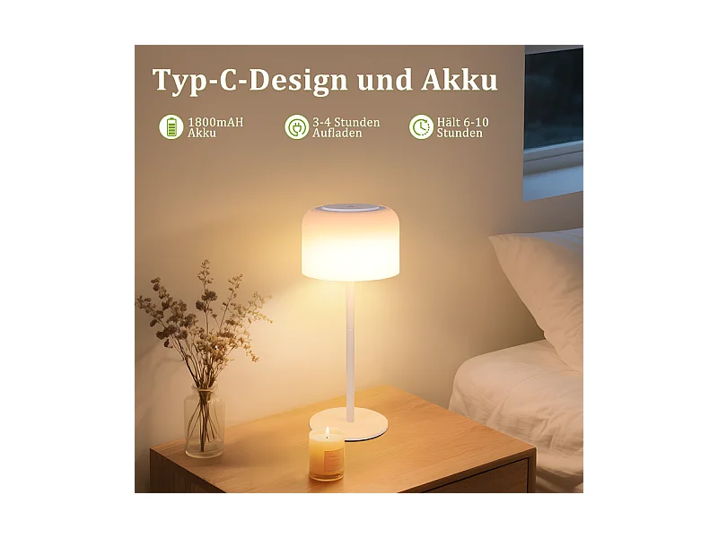 Lampe de table LED NETTLIFE sans fil, lampe de table à piles, intensité variable 3 000 K-6 500 K, rechargeable par USB-C, hauteur réglable, étanche