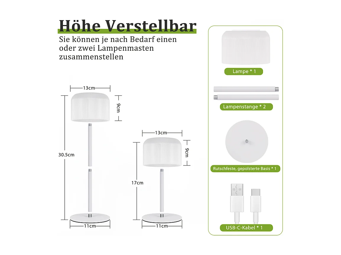 Lampe de table LED NETTLIFE sans fil, lampe de table à piles, intensité variable 3 000 K-6 500 K, rechargeable par USB-C, hauteur réglable, étanche