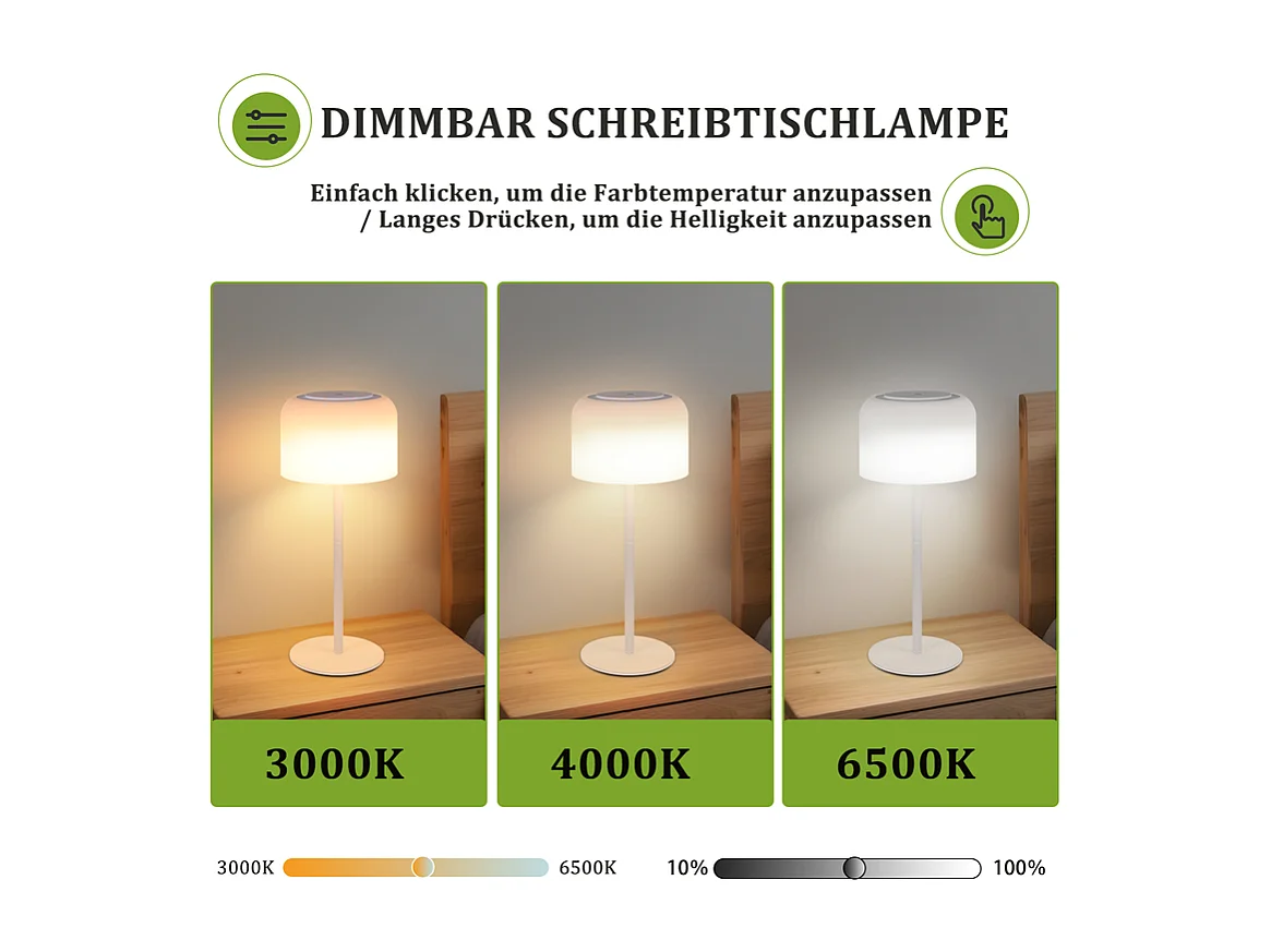 Lampe de table LED NETTLIFE sans fil, lampe de table à piles, intensité variable 3 000 K-6 500 K, rechargeable par USB-C, hauteur réglable, étanche