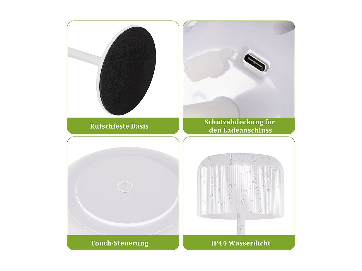 Lampe de table LED NETTLIFE sans fil, lampe de table à piles, intensité variable 3 000 K-6 500 K, rechargeable par USB-C, hauteur réglable, étanche