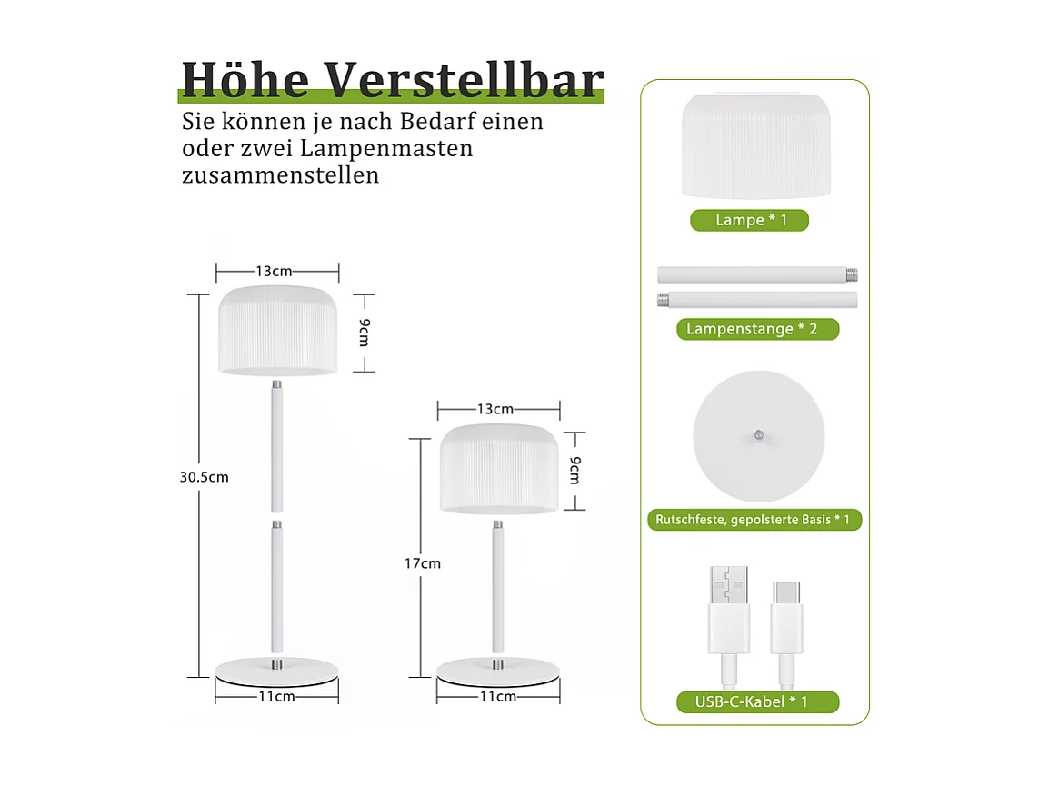 Lampe de table LED NETTLIFE sans fil, lampe de table à piles, intensité variable 3 000 K-6 500 K, rechargeable par USB-C, hauteur réglable, étanche