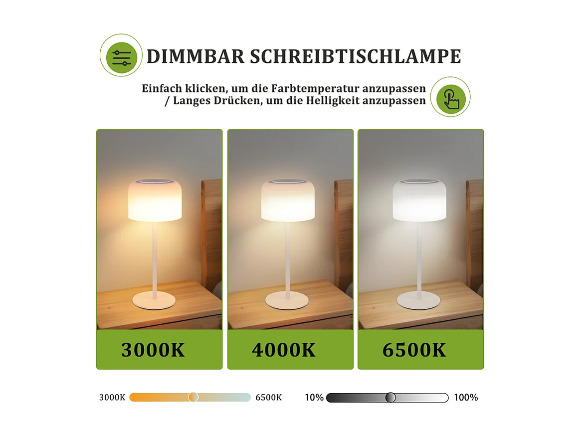 Lampe de table LED NETTLIFE sans fil, lampe de table à piles, intensité variable 3 000 K-6 500 K, rechargeable par USB-C, hauteur réglable, étanche