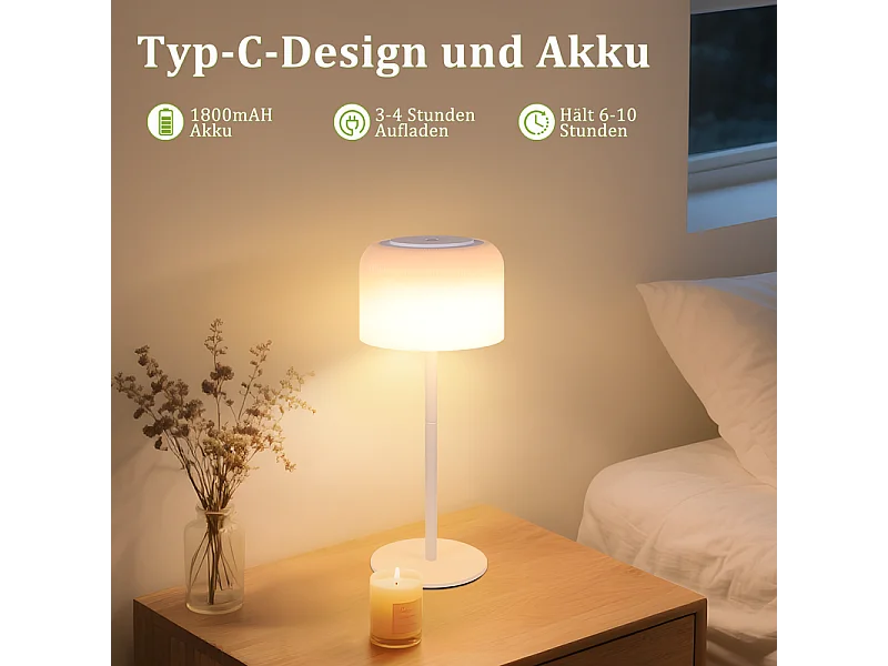 Lampe de table LED NETTLIFE sans fil, lampe de table à piles, intensité variable 3 000 K-6 500 K, rechargeable par USB-C, hauteur réglable, étanche