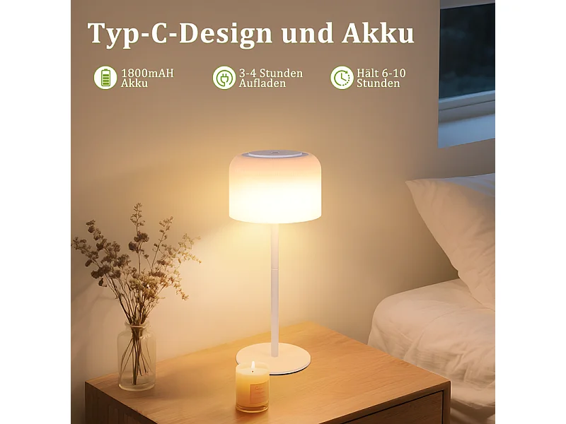 Bezprzewodowa lampa stołowa LED NETTLIFE, zasilana bateryjnie, ściemnialna w zakresie 3000–6500 K, ładowana przez USB-C, regulowana wysokość, wodoodporna