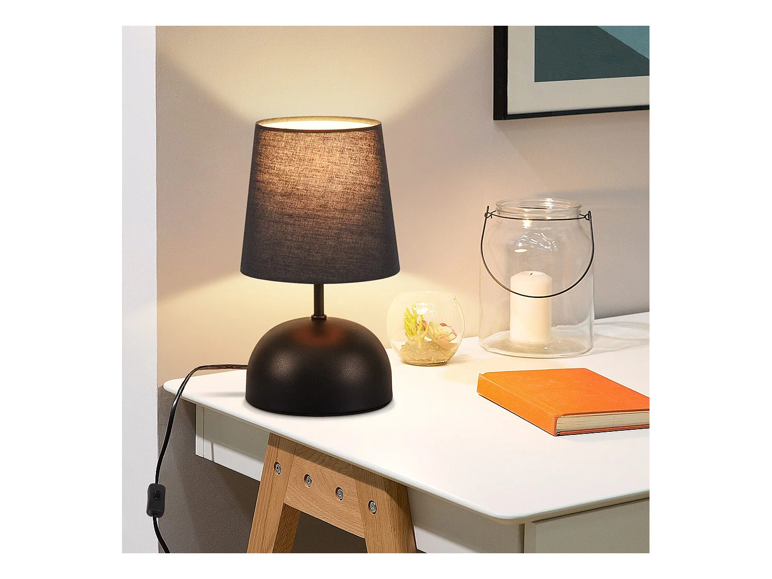 NETTLIFE Lampe de chevet avec câble lampe de table en tissu noir lit de chambre moderne avec câble, sans ampoule