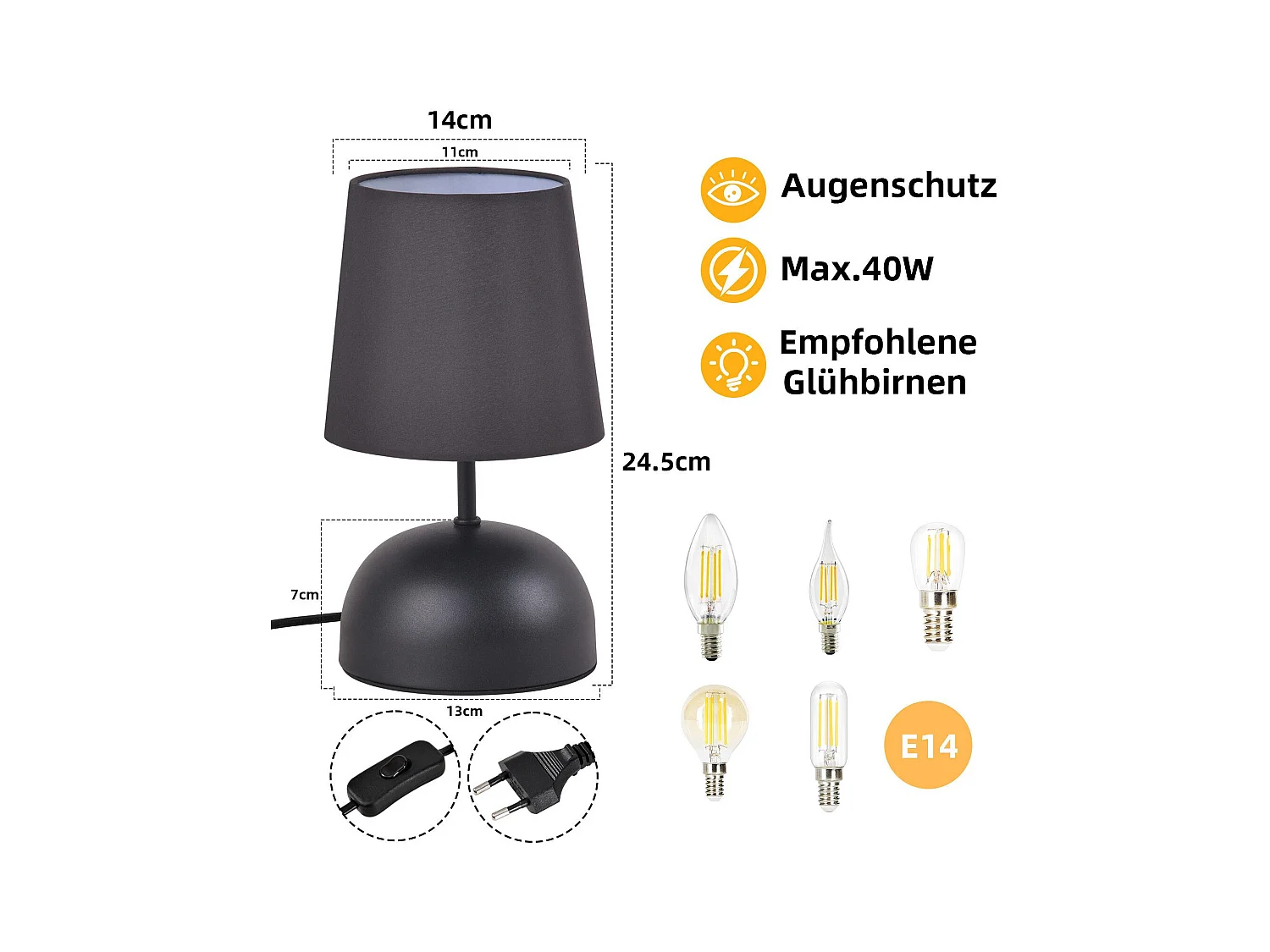 NETTLIFE Lampe de chevet avec câble lampe de table en tissu noir lit de chambre moderne avec câble, sans ampoule