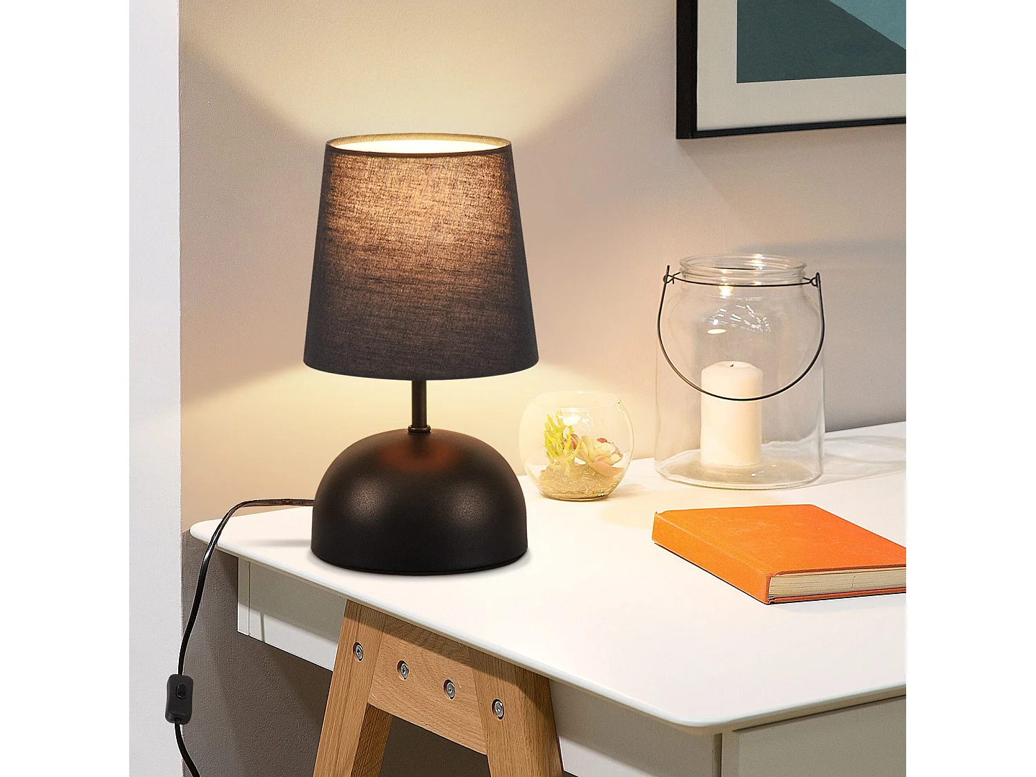 NETTLIFE Lampe de chevet avec câble lampe de table en tissu noir lit de chambre moderne avec câble, sans ampoule