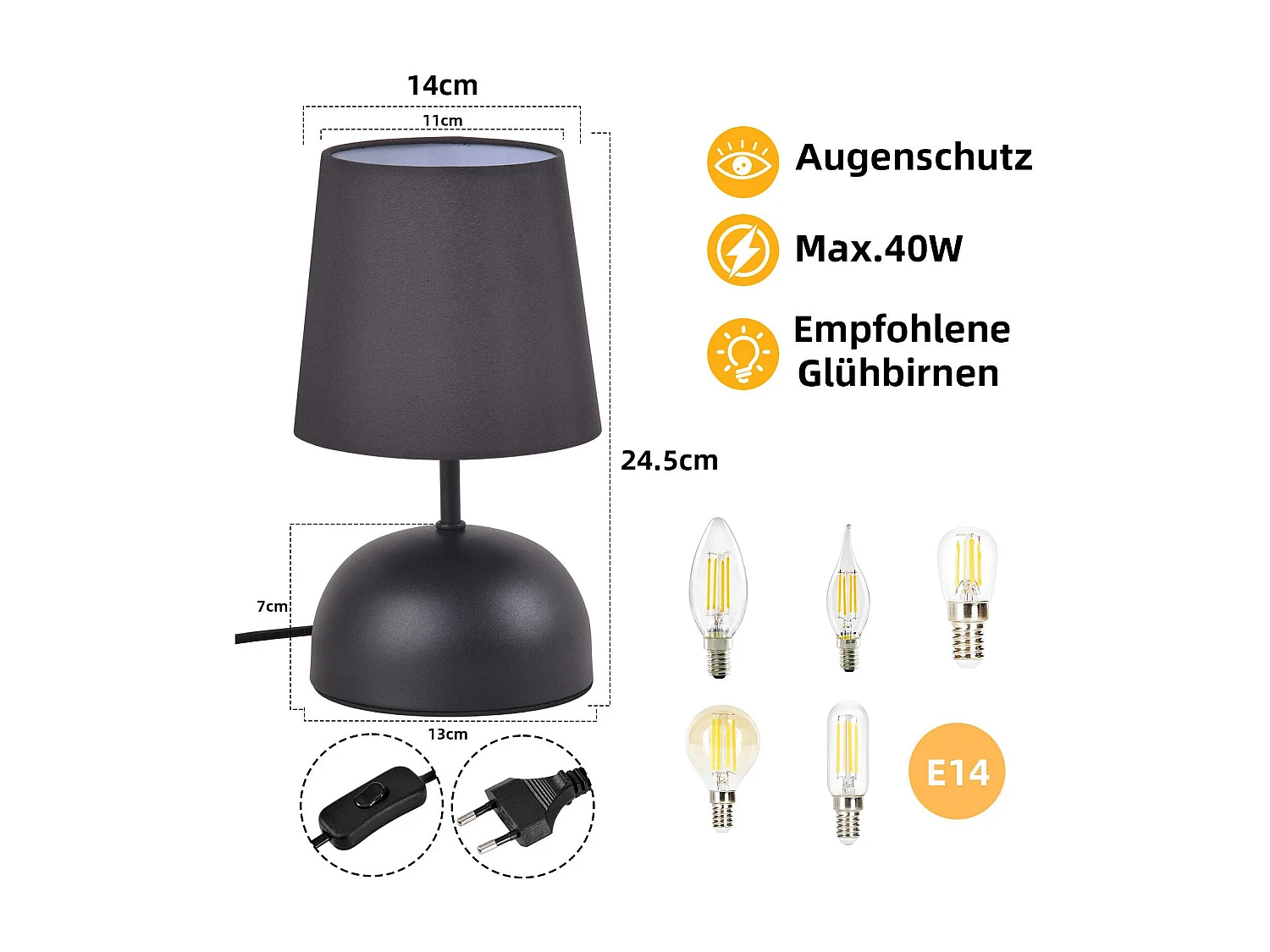 NETTLIFE Lampe de chevet avec câble lampe de table en tissu noir lit de chambre moderne avec câble, sans ampoule