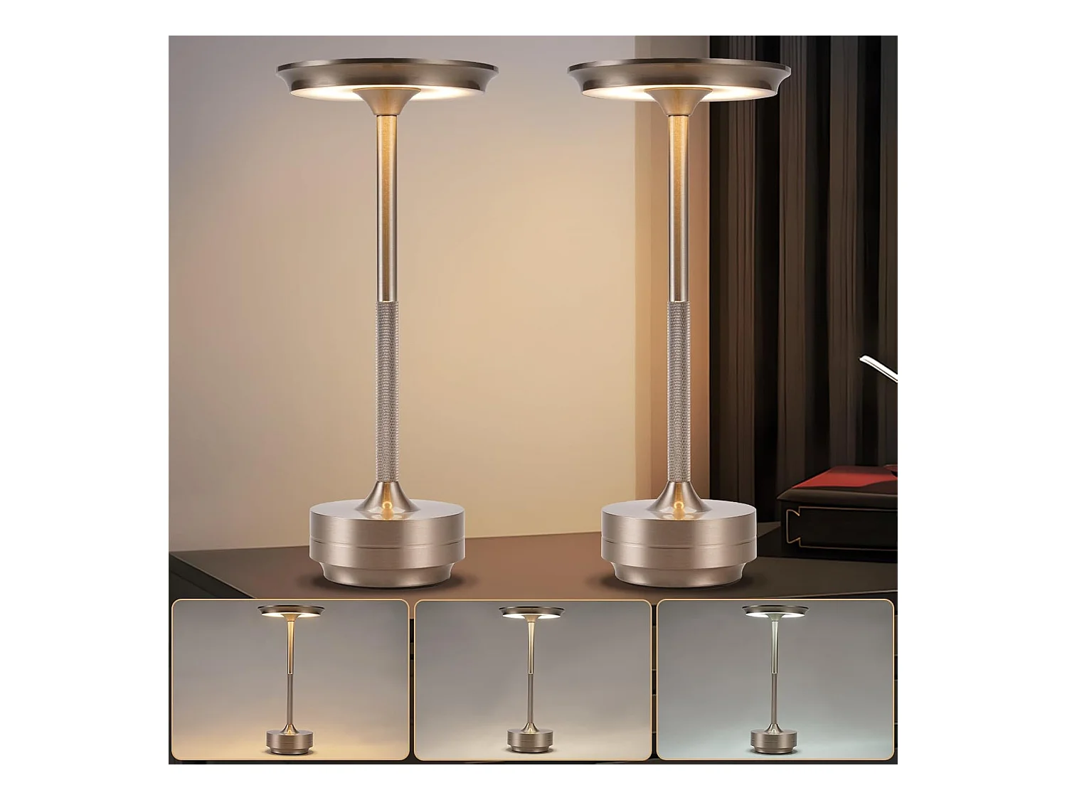 Lampe de chevet Nettlife sans fil, lampe de table LED à batterie, lampe tactile à intensité variable avec batterie rechargeable USB, lot de 2