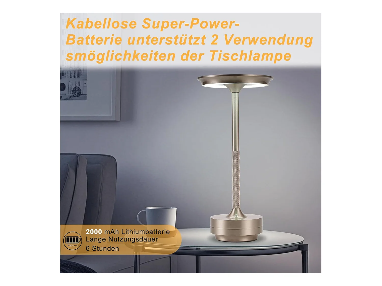 Lampe de chevet Nettlife sans fil, lampe de table LED à batterie, lampe tactile à intensité variable avec batterie rechargeable USB, lot de 2