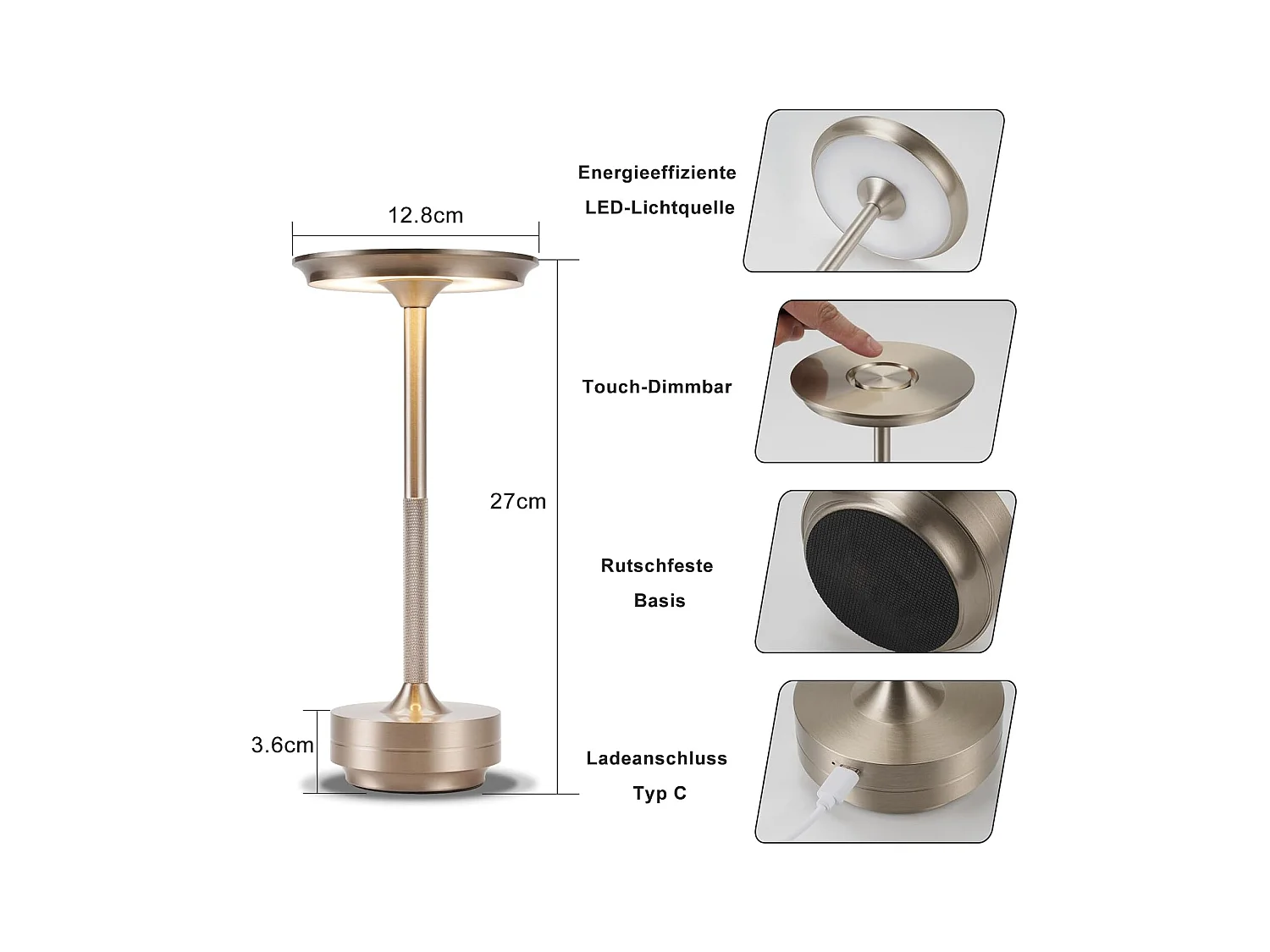 Lampe de chevet Nettlife sans fil, lampe de table LED à batterie, lampe tactile à intensité variable avec batterie rechargeable USB, lot de 2