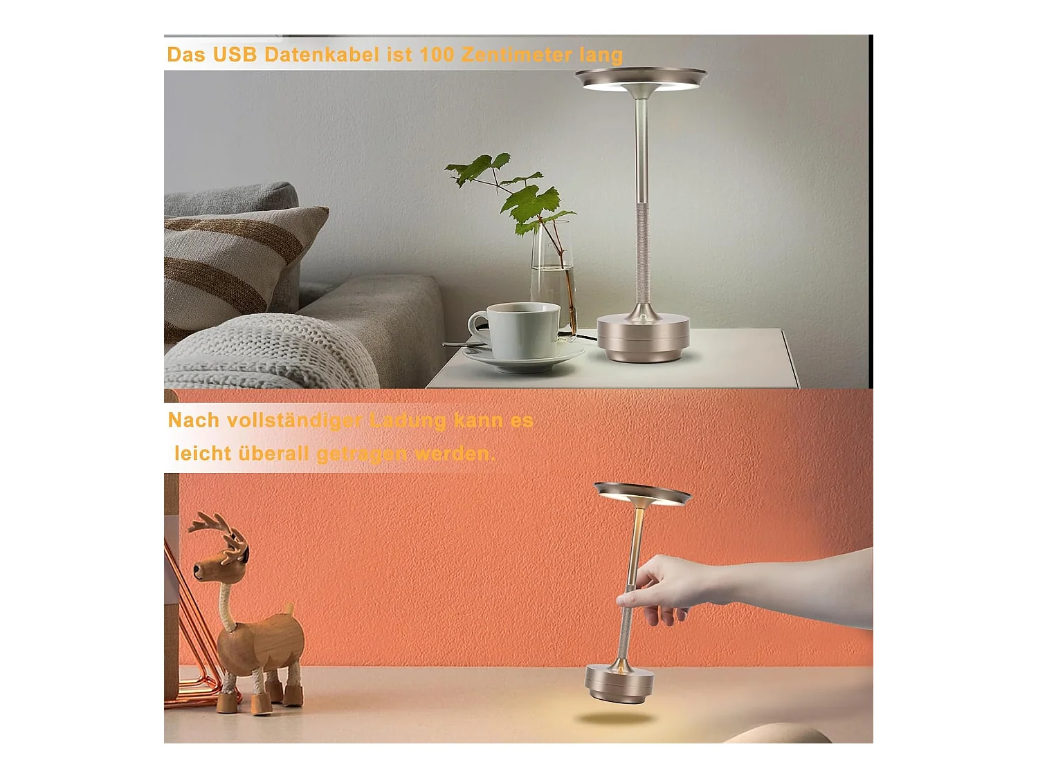 Lampe de chevet Nettlife sans fil, lampe de table LED à batterie, lampe tactile à intensité variable avec batterie rechargeable USB, lot de 2