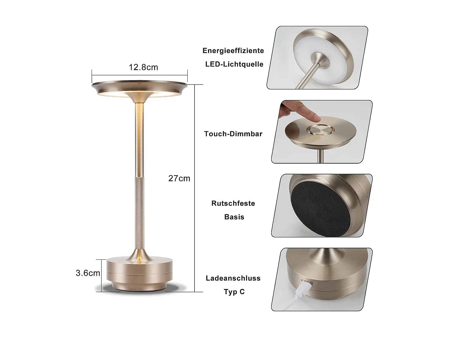 Lampe de chevet Nettlife sans fil, lampe de table LED à batterie, lampe tactile à intensité variable avec batterie rechargeable USB, lot de 2