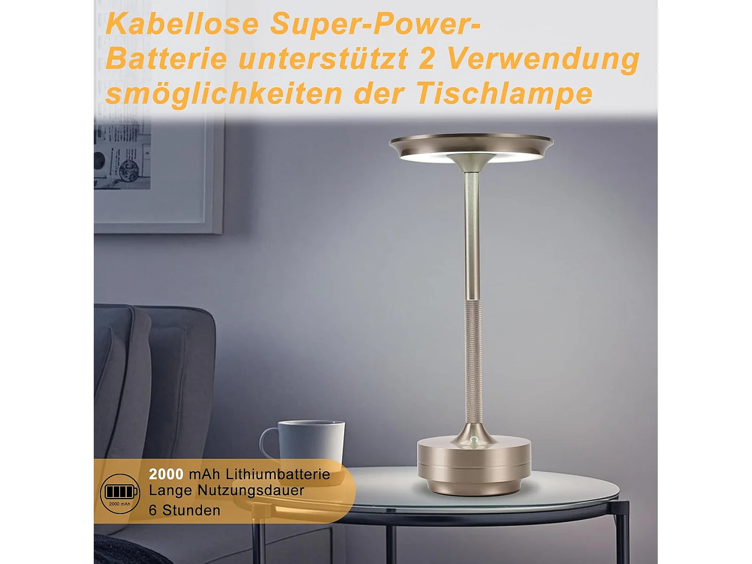 Lampe de chevet Nettlife sans fil, lampe de table LED à batterie, lampe tactile à intensité variable avec batterie rechargeable USB, lot de 2