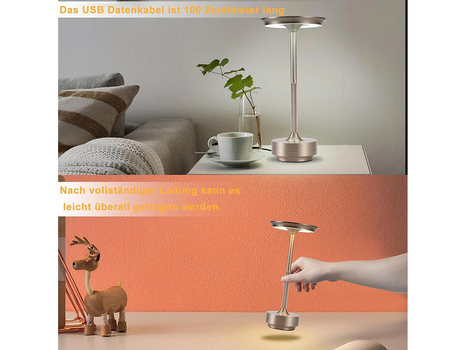 Lampe de chevet Nettlife sans fil, lampe de table LED à batterie, lampe tactile à intensité variable avec batterie rechargeable USB, lot de 2