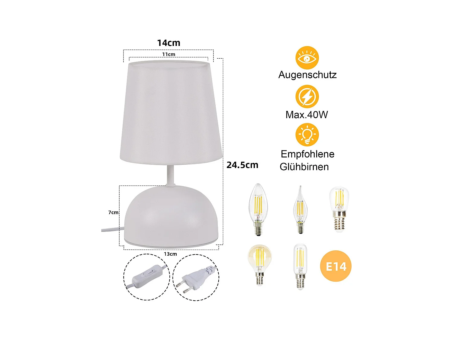 NETTLIFE Lampe de chevet avec câble lampe de table en tissu blanc lit de chambre moderne avec câble sans ampoule