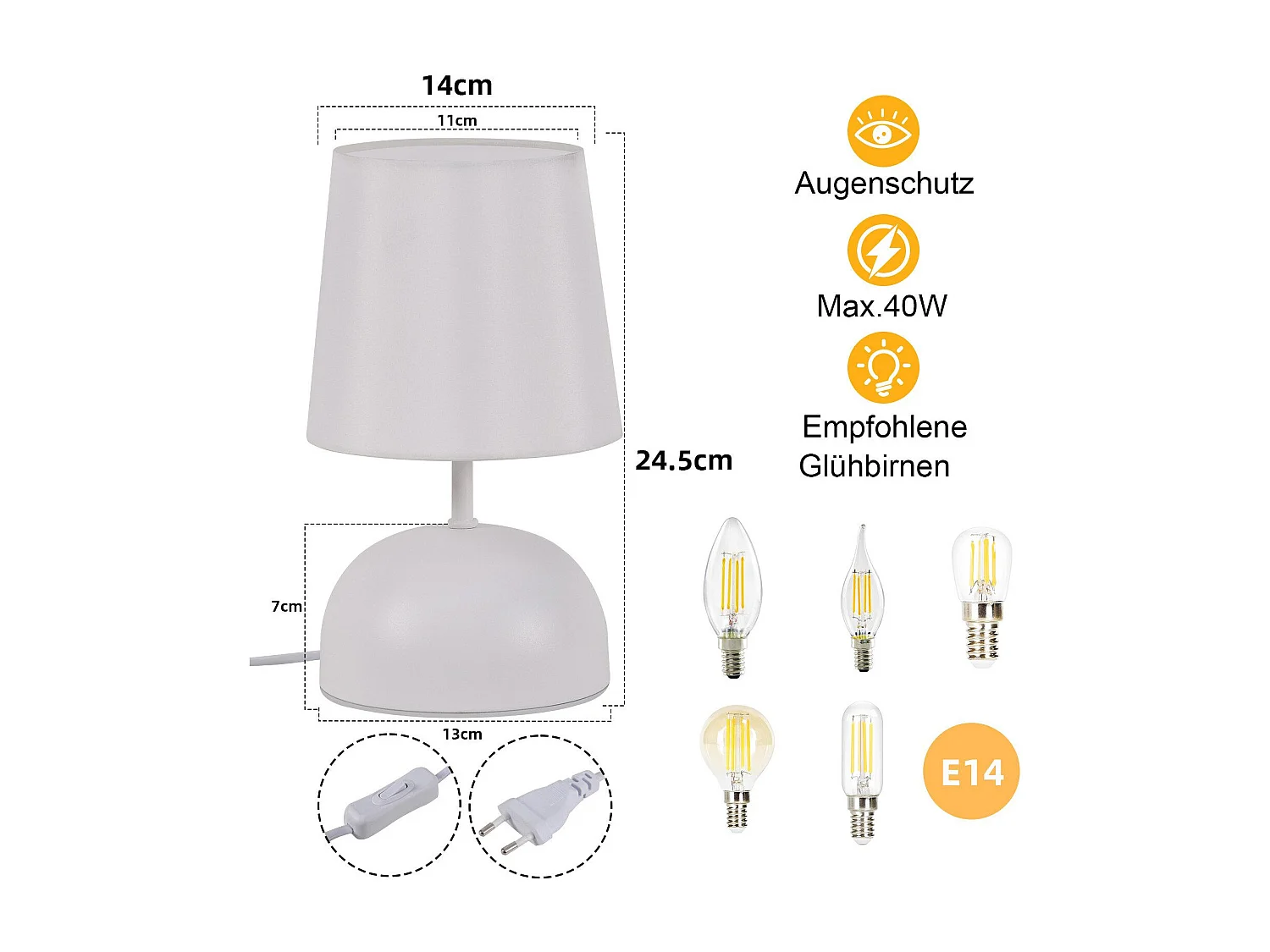 NETTLIFE Lampe de chevet avec câble lampe de table en tissu blanc lit de chambre moderne avec câble sans ampoule