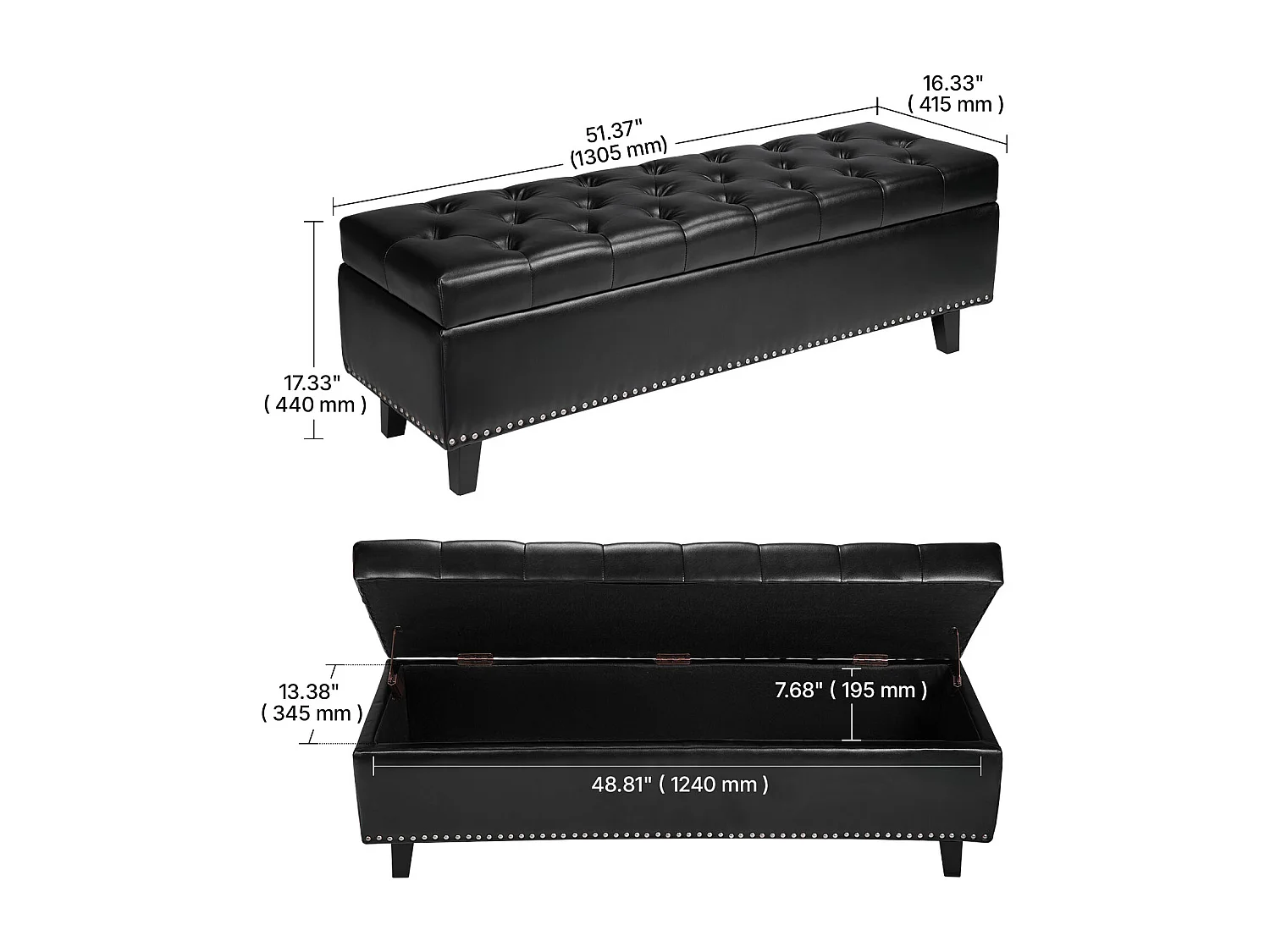 Banco Pie de Cama SucceBuy Baúl Capitoneado 130,5 cm, Pie de Cama en Cuero PU con Espacio de Almacenamiento y Patas de Madera, Banco Elegante