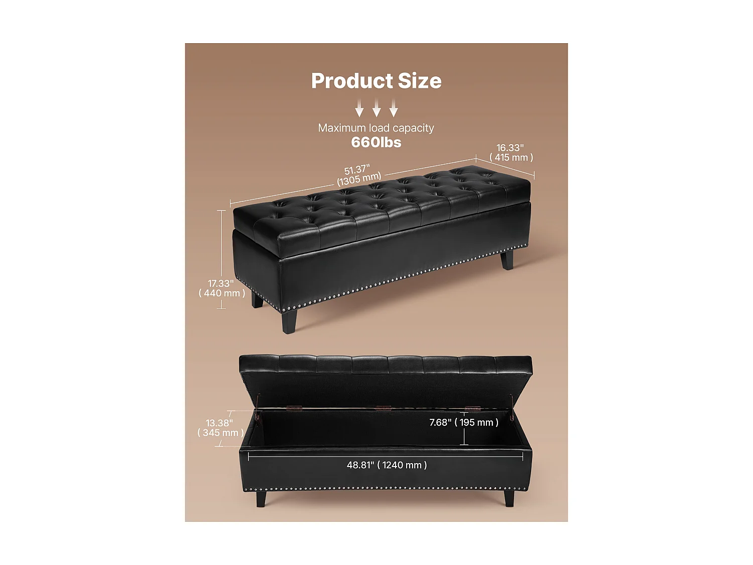 Banco Pie de Cama SucceBuy Baúl Capitoneado 130,5 cm, Pie de Cama en Cuero PU con Espacio de Almacenamiento y Patas de Madera, Banco Elegante