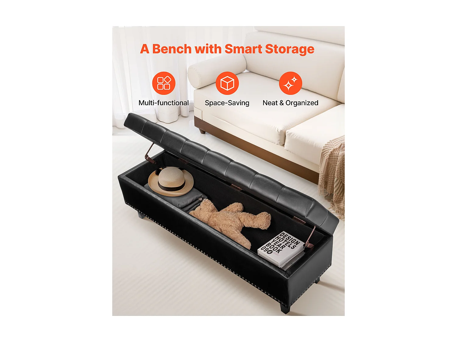 Banco Pie de Cama SucceBuy Baúl Capitoneado 130,5 cm, Pie de Cama en Cuero PU con Espacio de Almacenamiento y Patas de Madera, Banco Elegante
