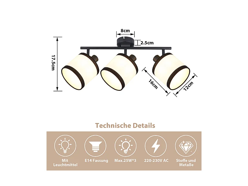 Spot de plafond NETTLIFE noir 3 flammes - Spots de plafond E14 Plafonnier tissu pivotant 350° Lampe de cuisine vintage(sans ampoule)