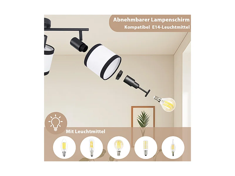 Spot de plafond NETTLIFE noir 3 flammes - Spots de plafond E14 Plafonnier tissu pivotant 350° Lampe de cuisine vintage(sans ampoule)