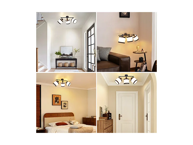 Spot de plafond NETTLIFE noir 3 flammes - Spots de plafond E14 Plafonnier tissu pivotant 350° Lampe de cuisine vintage(sans ampoule)