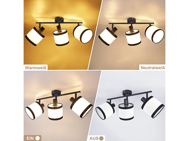 Spot de plafond NETTLIFE noir 3 flammes - Spots de plafond E14 Plafonnier tissu pivotant 350° Lampe de cuisine vintage(sans ampoule)