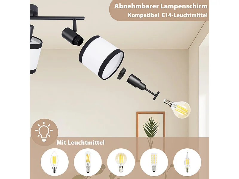 Spot de plafond NETTLIFE noir 3 flammes - Spots de plafond E14 Plafonnier tissu pivotant 350° Lampe de cuisine vintage(sans ampoule)