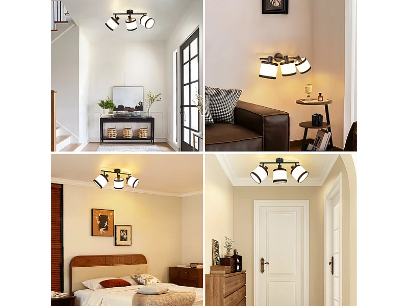 Spot de plafond NETTLIFE noir 3 flammes - Spots de plafond E14 Plafonnier tissu pivotant 350° Lampe de cuisine vintage(sans ampoule)