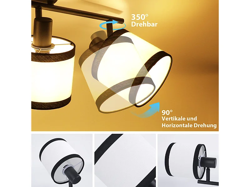 NETTLIFE - Foco de techo negro de 3 luces - E14, lámpara de techo de tela con giro de 350°, lámpara de cocina vintage (sin bombilla)