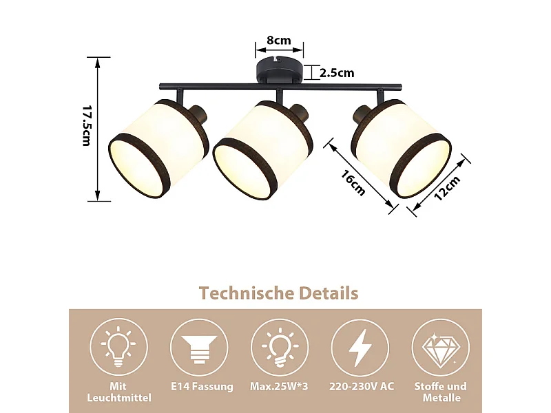 NETTLIFE - Foco de techo negro de 3 luces - E14, lámpara de techo de tela con giro de 350°, lámpara de cocina vintage (sin bombilla)