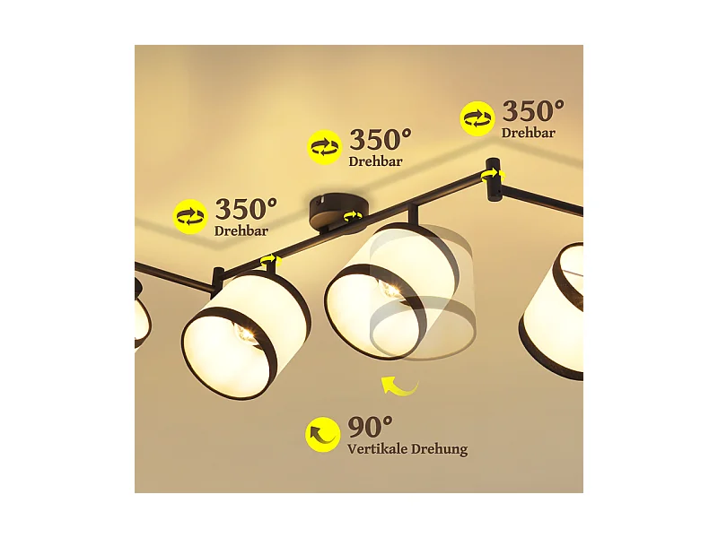 Spot de plafond NETTLIFE 6 flammes noir - Plafonnier E14 rétro en tissu, pivotant à 350°, pour salon, chambre, cuisine, bureau (sans ampoule)