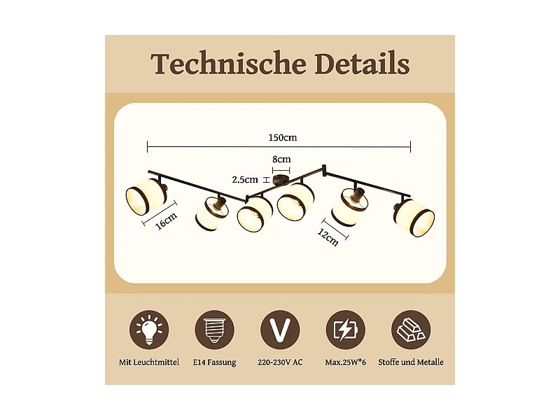 Spot de plafond NETTLIFE 6 flammes noir - Plafonnier E14 rétro en tissu, pivotant à 350°, pour salon, chambre, cuisine, bureau (sans ampoule)