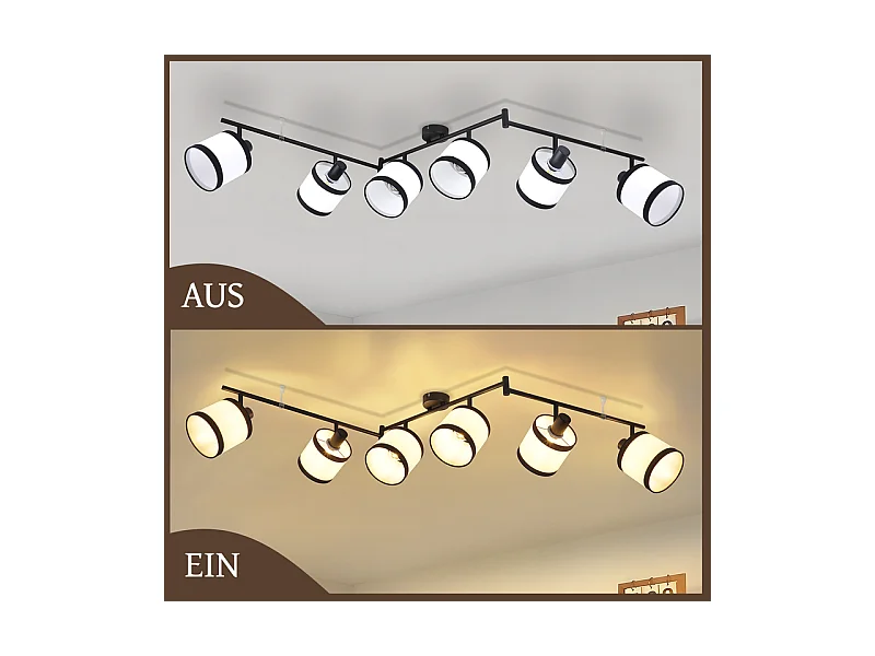 Spot de plafond NETTLIFE 6 flammes noir - Plafonnier E14 rétro en tissu, pivotant à 350°, pour salon, chambre, cuisine, bureau (sans ampoule)