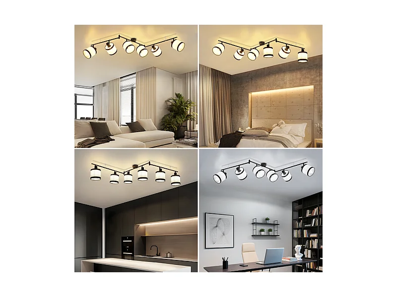 Spot de plafond NETTLIFE 6 flammes noir - Plafonnier E14 rétro en tissu, pivotant à 350°, pour salon, chambre, cuisine, bureau (sans ampoule)