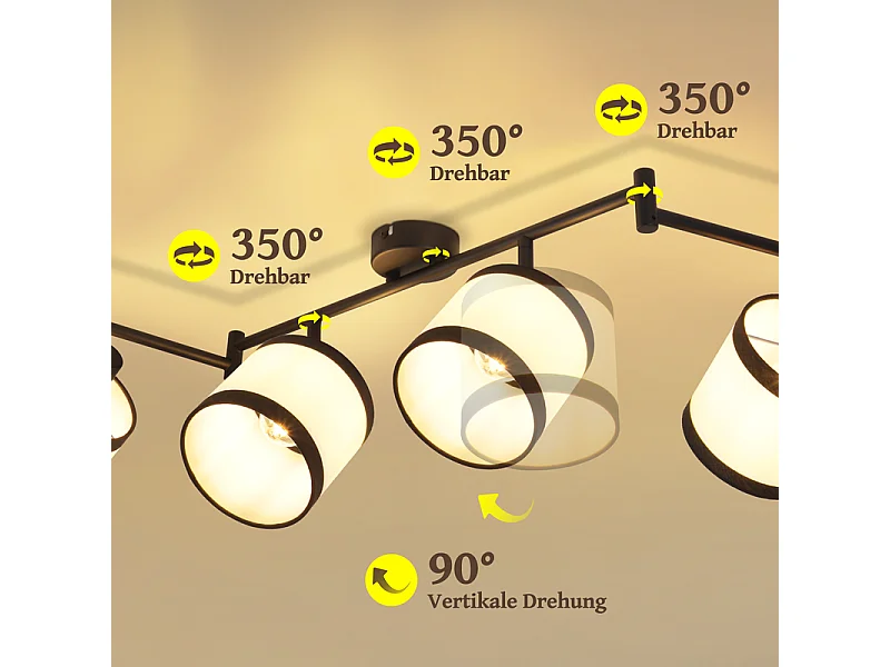 Spot de plafond NETTLIFE 6 flammes noir - Plafonnier E14 rétro en tissu, pivotant à 350°, pour salon, chambre, cuisine, bureau (sans ampoule)