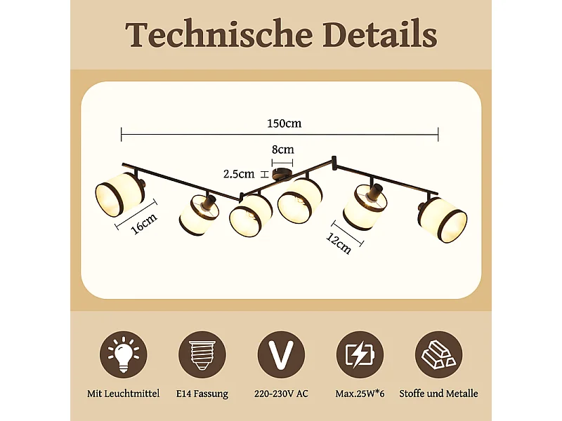 Spot de plafond NETTLIFE 6 flammes noir - Plafonnier E14 rétro en tissu, pivotant à 350°, pour salon, chambre, cuisine, bureau (sans ampoule)